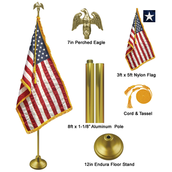 8' x 1-1/8" Gold Aluminum Pole Deluxe U.S. Indoor Flag Set