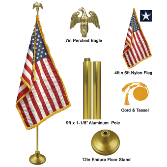9' x 1-1/8" Gold Aluminum Pole Deluxe U.S. Indoor Flag Set