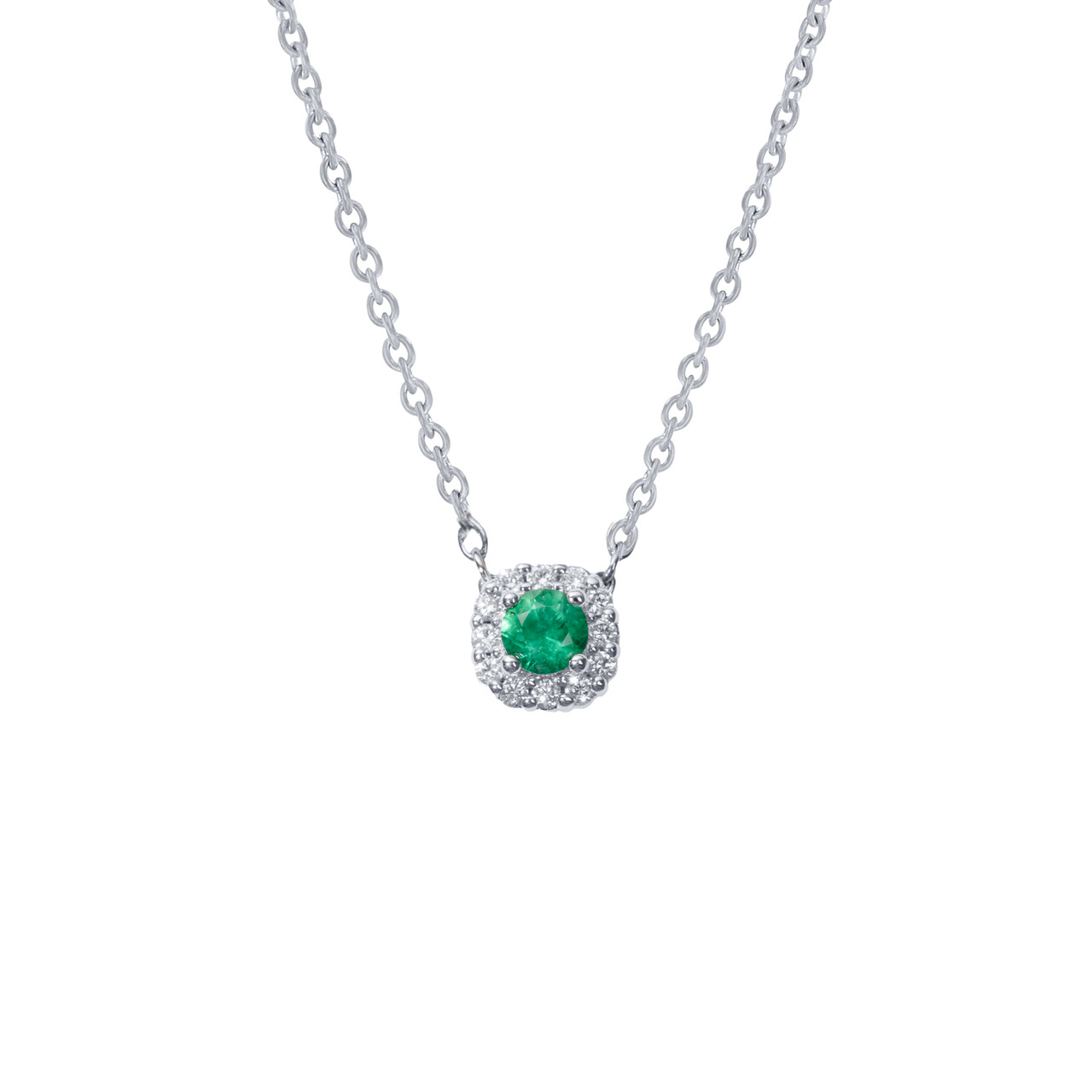 Green Emerald & Diamond Halo Pendant Necklace