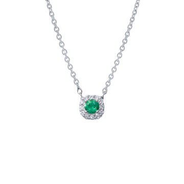 Green Emerald & Diamond Halo Pendant Necklace In White Gold 14K