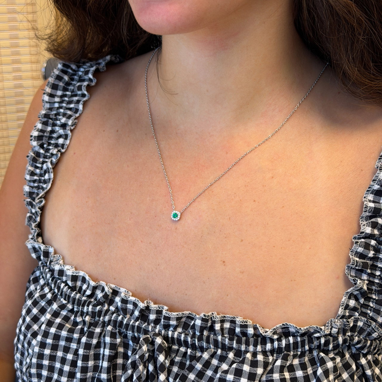Green Emerald & Diamond Halo Pendant Necklace