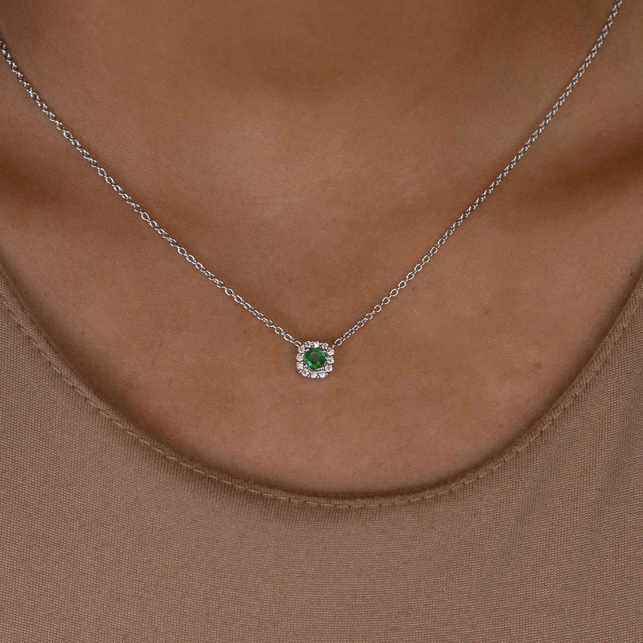 Green Emerald & Diamond Halo Pendant Necklace