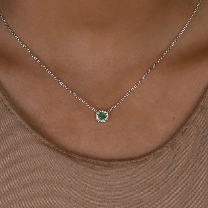 Green Emerald & Diamond Halo Pendant Necklace In Solid 14K White Gold