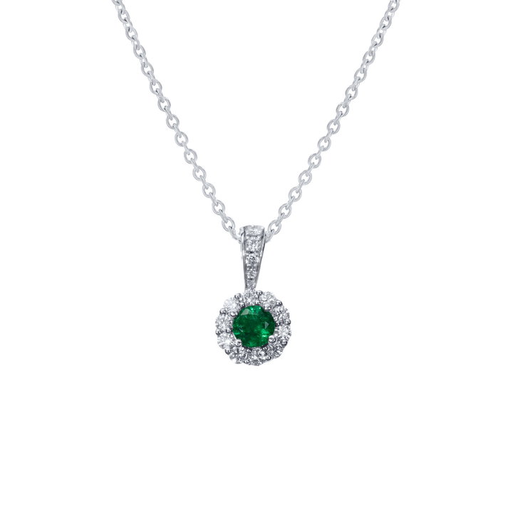 Green Emerald & Diamond Halo Pendant Necklace