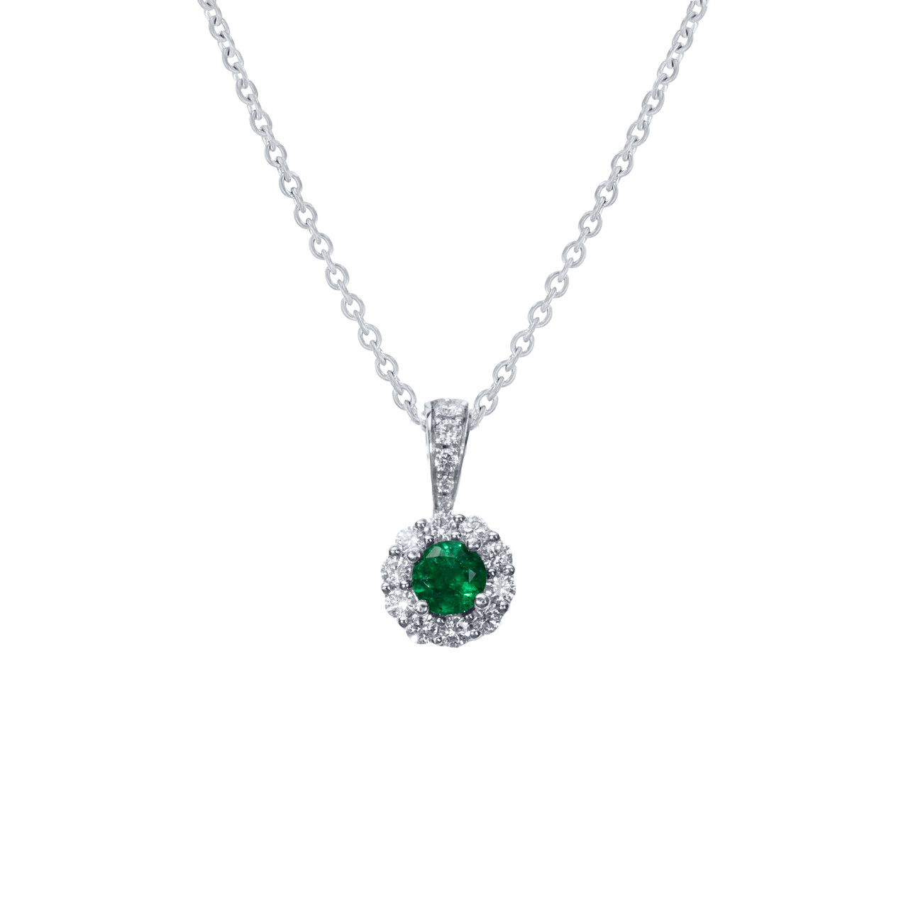 Green Emerald & Diamond Halo Pendant Necklace