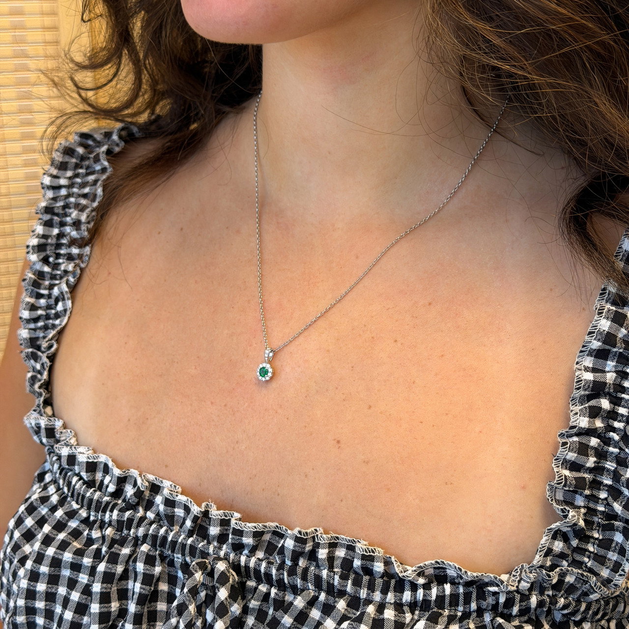 Green Emerald & Diamond Halo Pendant Necklace