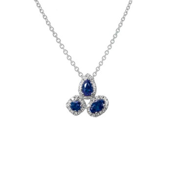 Mixed Shape Blue Sapphire & Halo Diamond Necklace In White Gold 14K