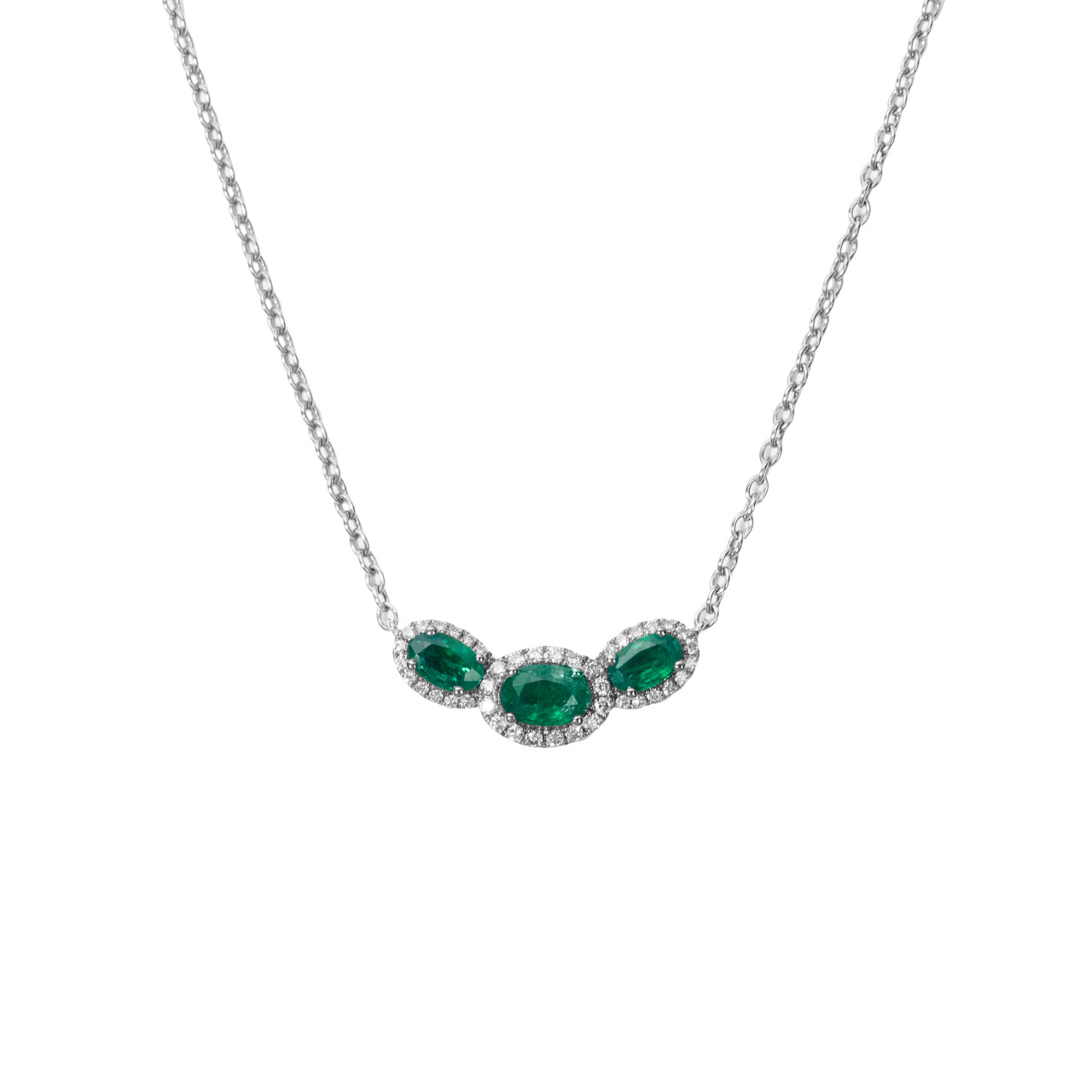 Three Stone Oval Green Emerald & Halo Diamond Necklace