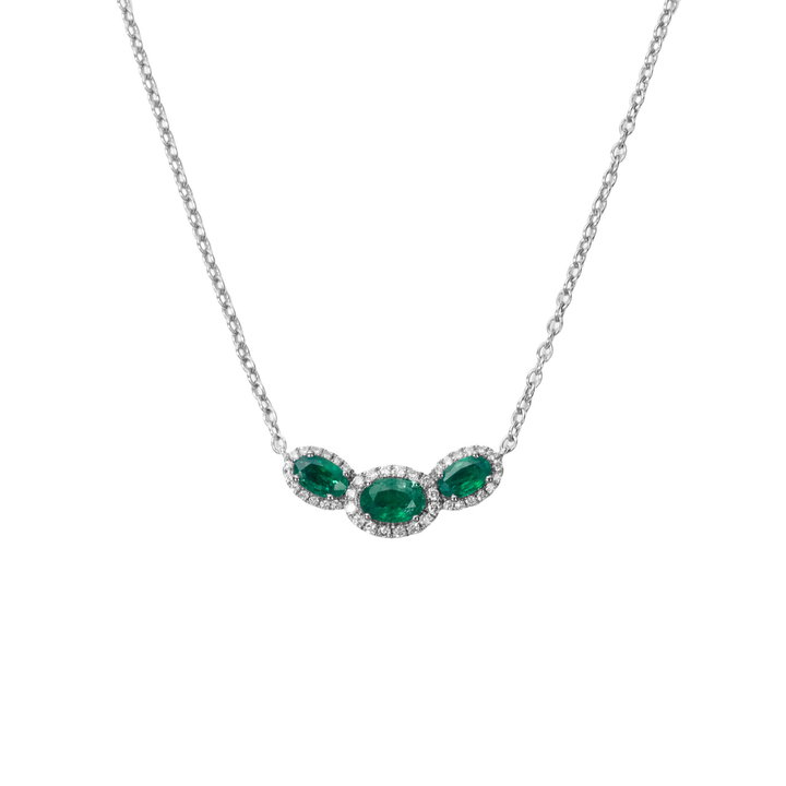 Three Stone Oval Green Emerald & Halo Diamond Necklace In White Gold 14K