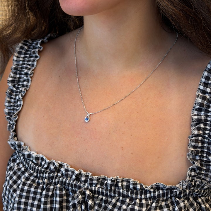 Blue Sapphire & Teardrop Diamond Necklace In Solid 14K White Gold