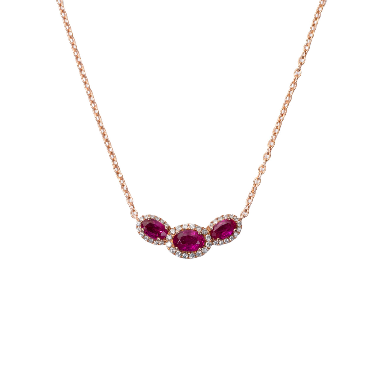 Three Stone Oval Ruby & Halo Diamond Necklace