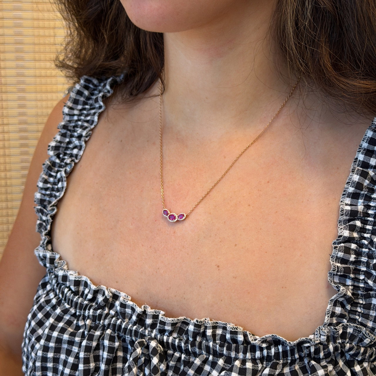 Three Stone Oval Ruby & Halo Diamond Necklace