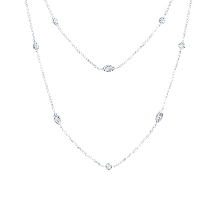 Milgrain Bezel Diamond Station Necklace In Solid 14K White Gold