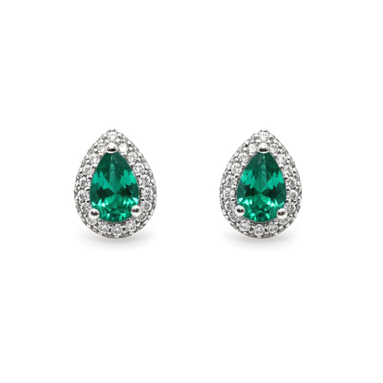 Pear Shaped Green Emerald Halo Diamond Stud Earrings 0