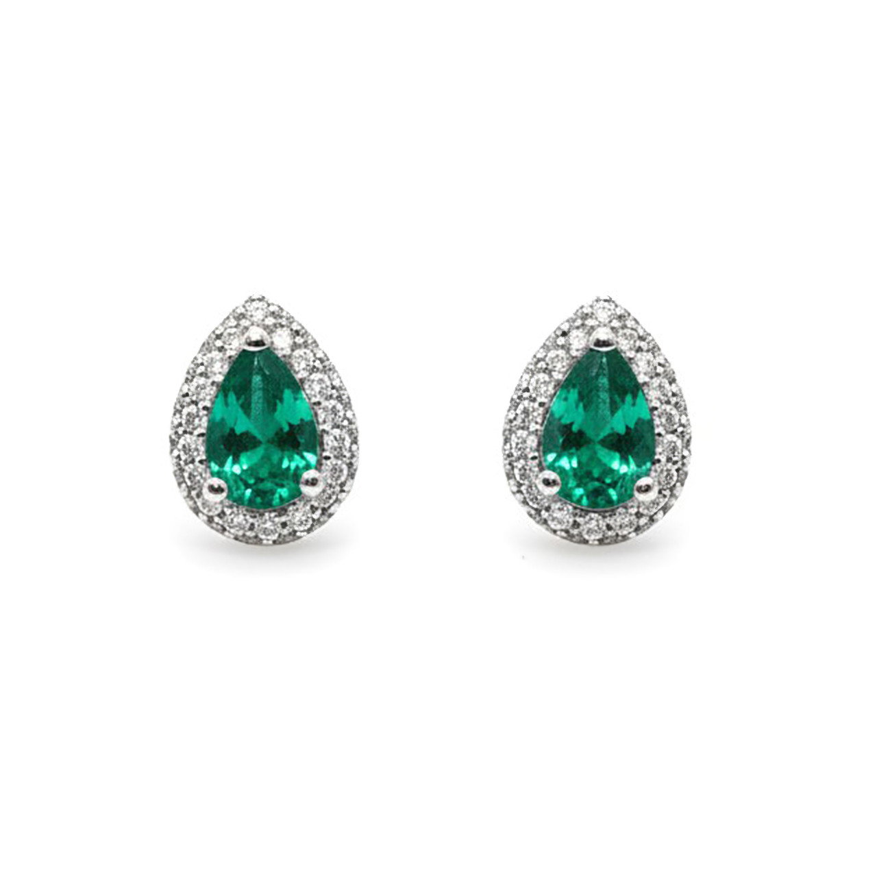 Pear Shaped Green Emerald Halo Diamond Stud Earrings