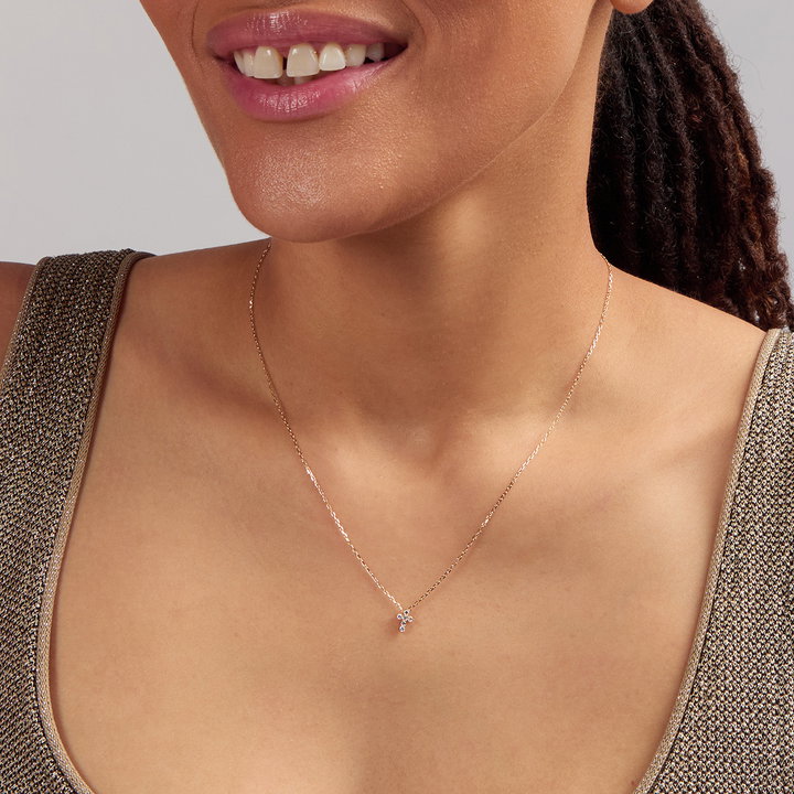 Small Diamond Cross Necklace In Yellow Gold 14K