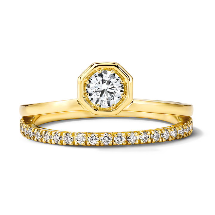 Two Row Octagon Bezel Set Diamond Ring In Solid 14K Yellow Gold