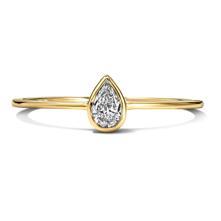 Bezel Pear Shape Diamond Ring In Solid 14K Yellow Gold