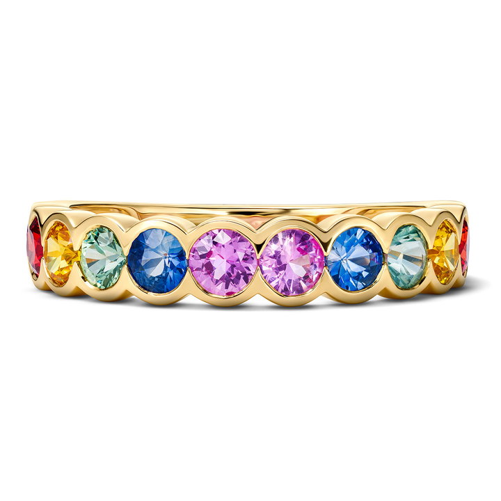 Bezel Mixed Sapphire Rainbow Band In Solid 14K Yellow Gold