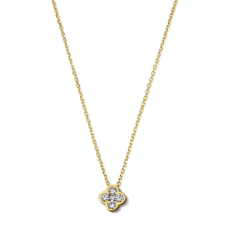 Bezel Diamond Clover Pendant Necklace In Solid 14K Yellow Gold