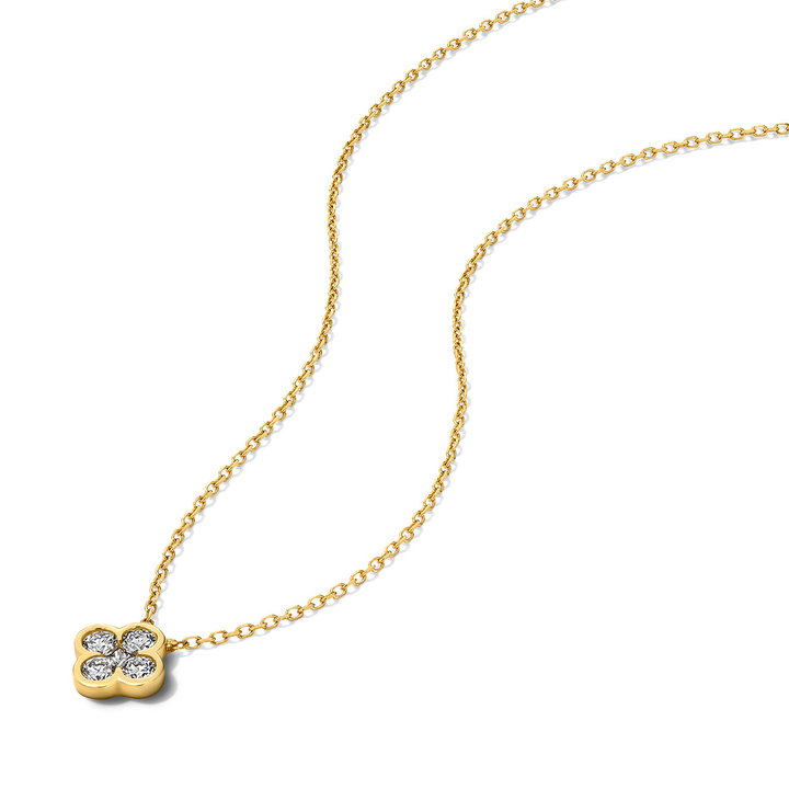 Bezel Diamond Clover Pendant Necklace In Solid 14K Yellow Gold