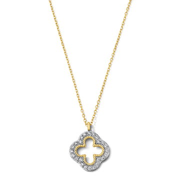 Diamond Open Clover Pendant Necklace In Solid 14K White / Yellow Gold
