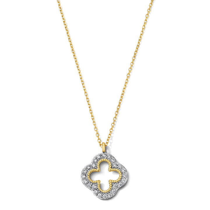 Diamond Open Clover Pendant Necklace In Solid 14K White / Yellow Gold
