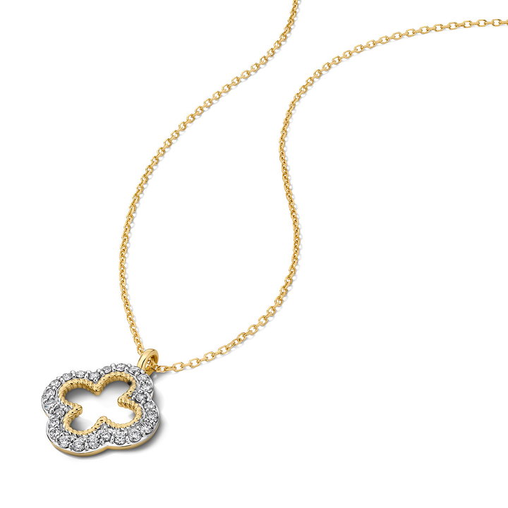Diamond Open Clover Pendant Necklace In Solid 14K White / Yellow Gold