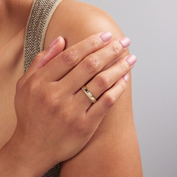 Two Row High Polished Gold Diamond Band In Solid 14K Yellow Gold