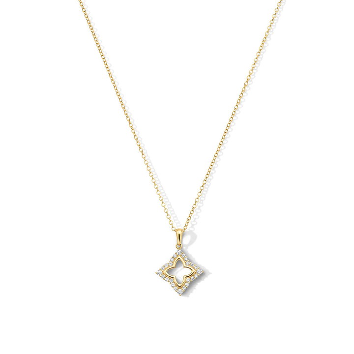 Diamond Open Clover Necklace In Solid 14K Yellow Gold