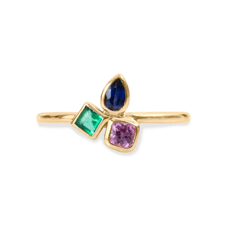 Multicolor Three Gemstone Ring In Solid 14K Yellow Gold