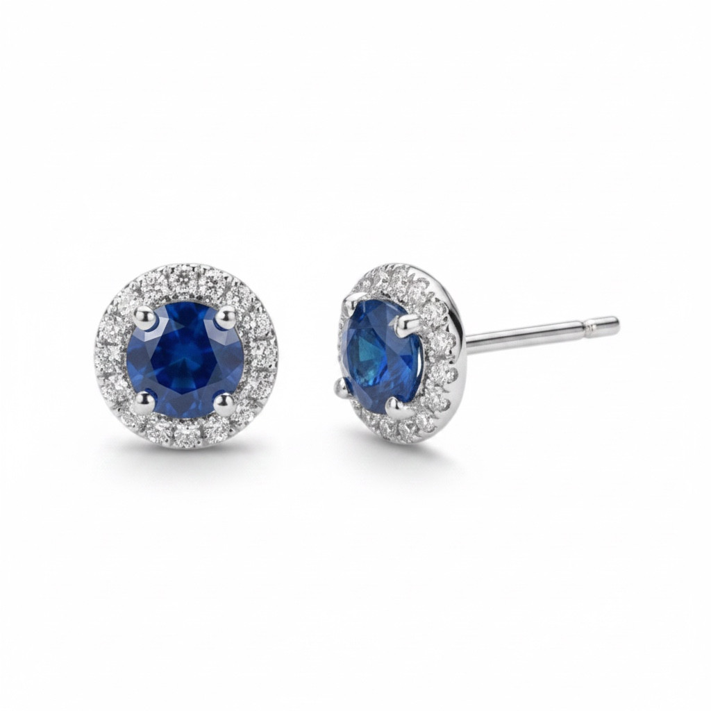 Blue Sapphire (0.50tw) & Diamond (0.11tw) Halo Stud Earrings