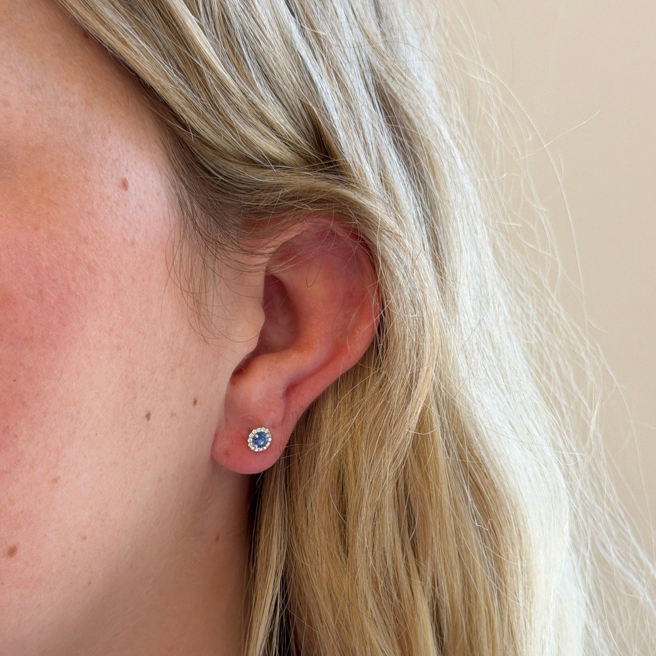 Blue Sapphire (0.50tw) & Diamond (0.11tw) Halo Stud Earrings