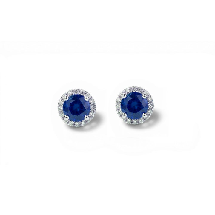 Blue Sapphire (1.36tw) & Diamond (0.14tw) Halo Stud Earrings In Solid 14K White Gold