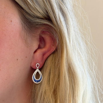 Blue Sapphire & Diamond Teardrop Earrings In Solid 14K White Gold