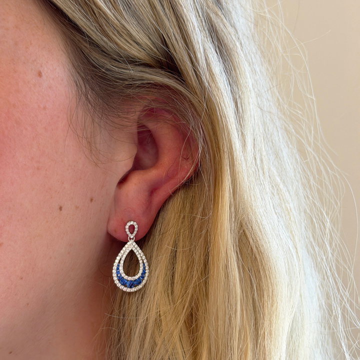 Blue Sapphire & Diamond Teardrop Earrings In Solid 14K White Gold