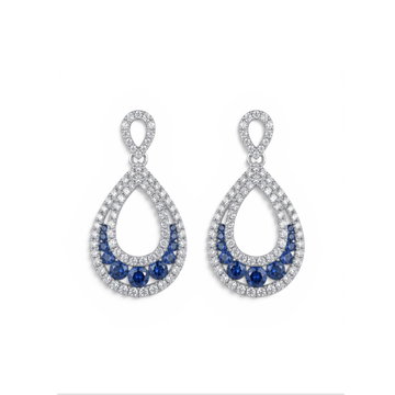 Blue Sapphire & Diamond Teardrop Earrings In Solid 14K White Gold