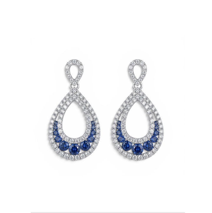 Blue Sapphire & Diamond Teardrop Earrings In Solid 14K White Gold