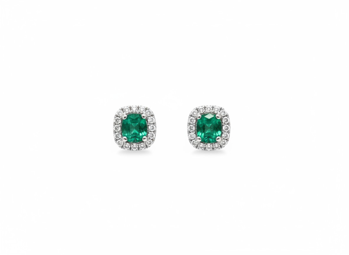 Green Emerald (0.50tw) & Diamond (0.16tw) Halo Stud Earrings