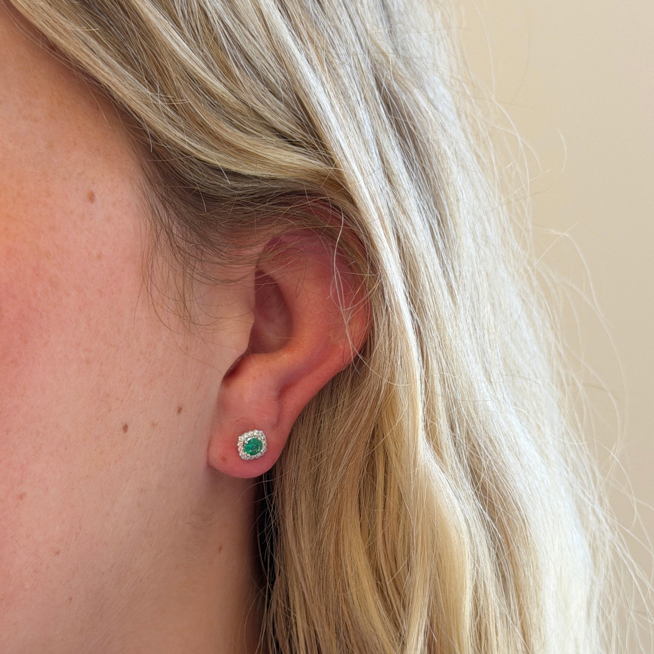 Green Emerald (0.50tw) & Diamond (0.16tw) Halo Stud Earrings