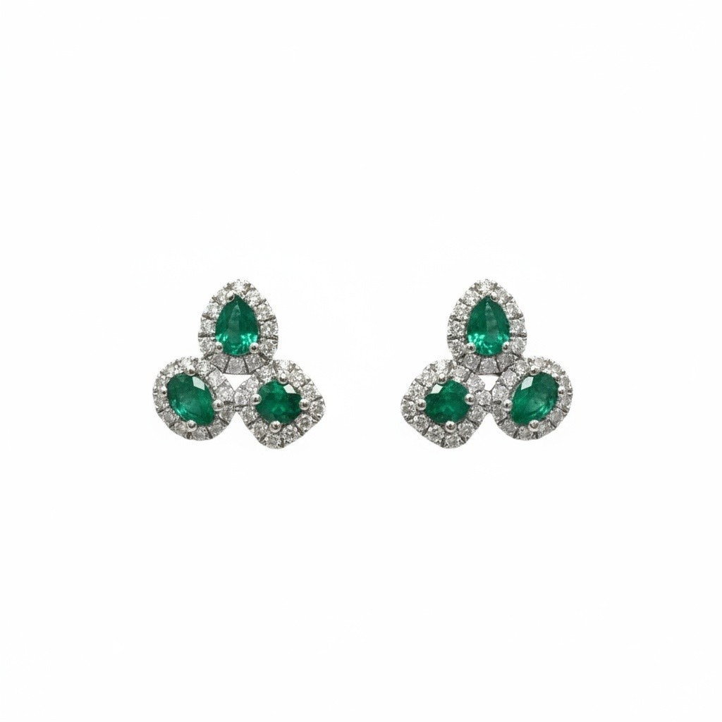 Trio Green Emerald & Diamond Stud Earrings