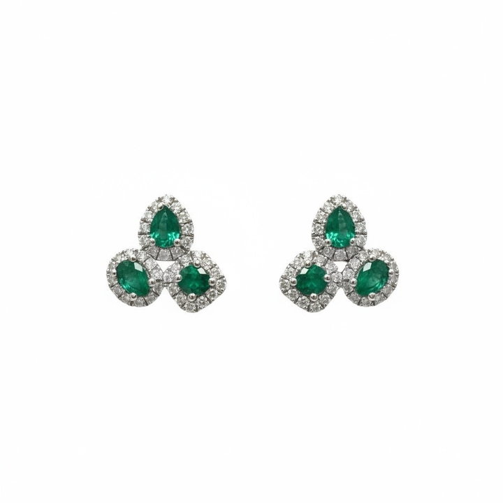 Trio Green Emerald & Diamond Stud Earrings In Solid 14K White Gold