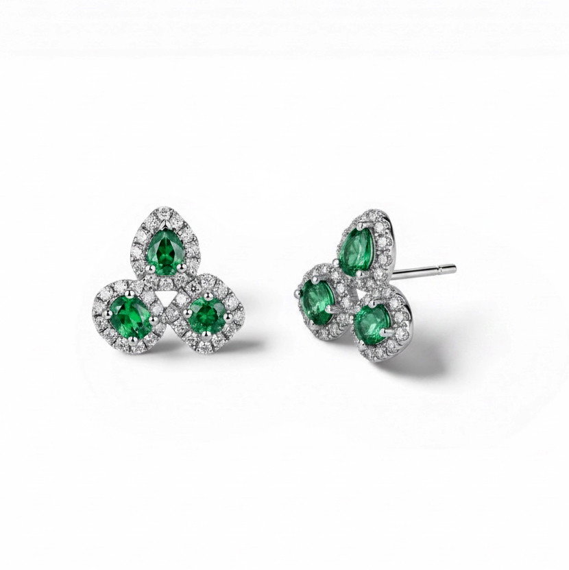 Trio Green Emerald & Diamond Stud Earrings 0