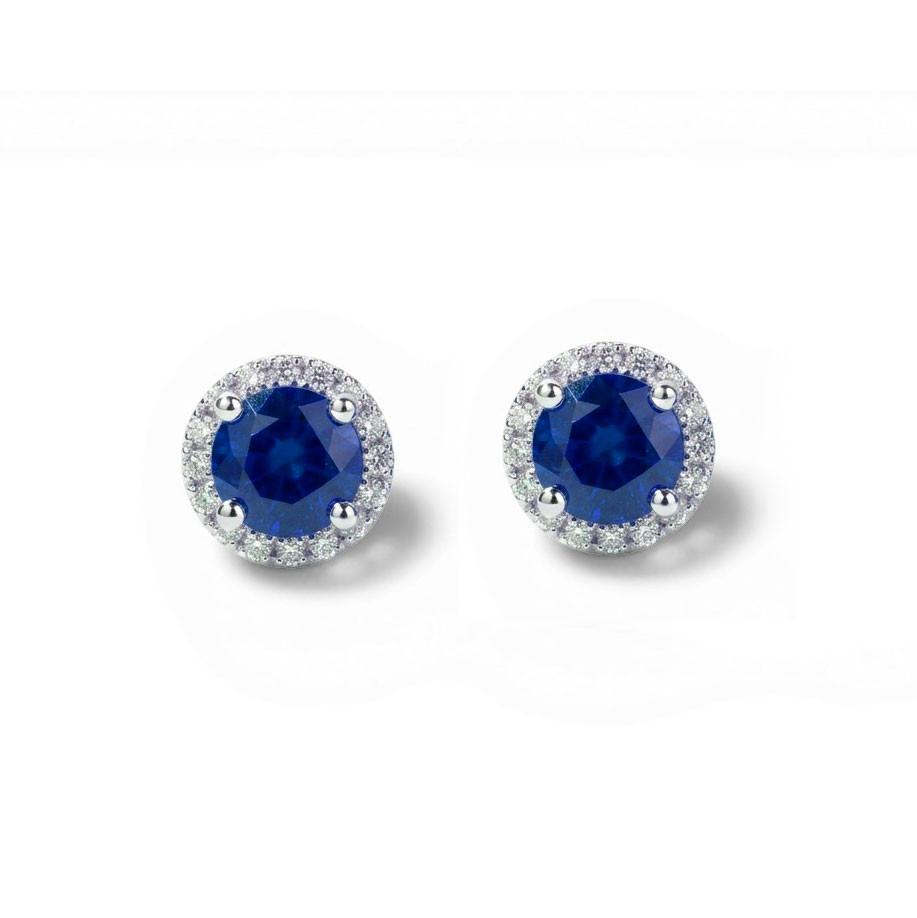 Blue Sapphire (1.23tw) & Diamond (0.15tw) Halo Stud Earrings