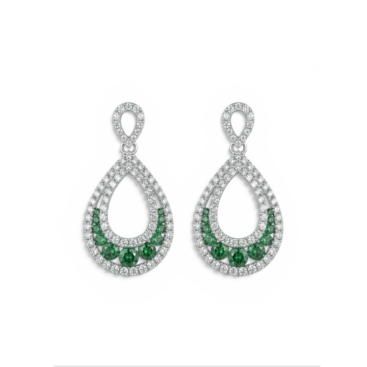Green Emerald & Diamond Teardrop Earrings In Solid 14K White Gold