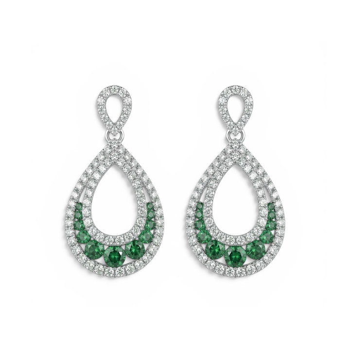 Green Emerald & Diamond Teardrop Earrings In Solid 14K White Gold