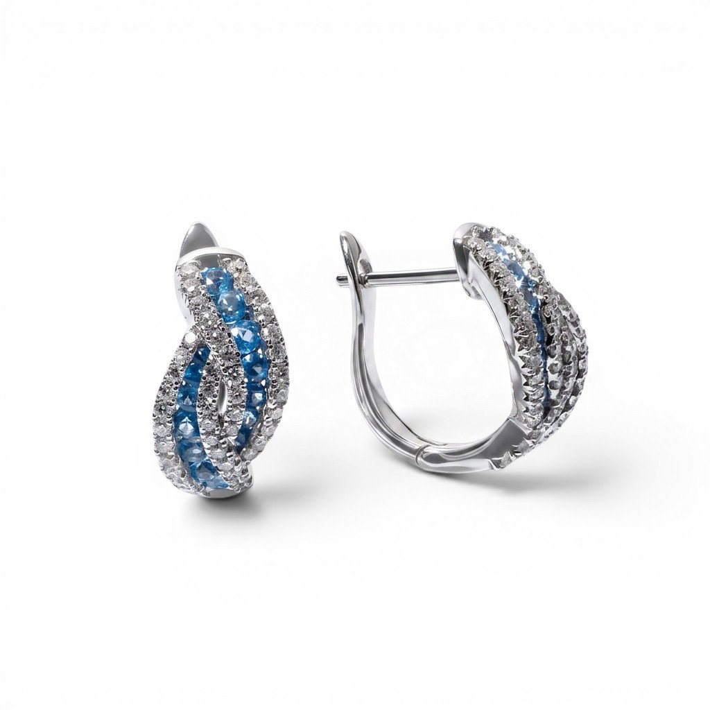 Blue Topaz Woven Diamond Huggie Earrings 0