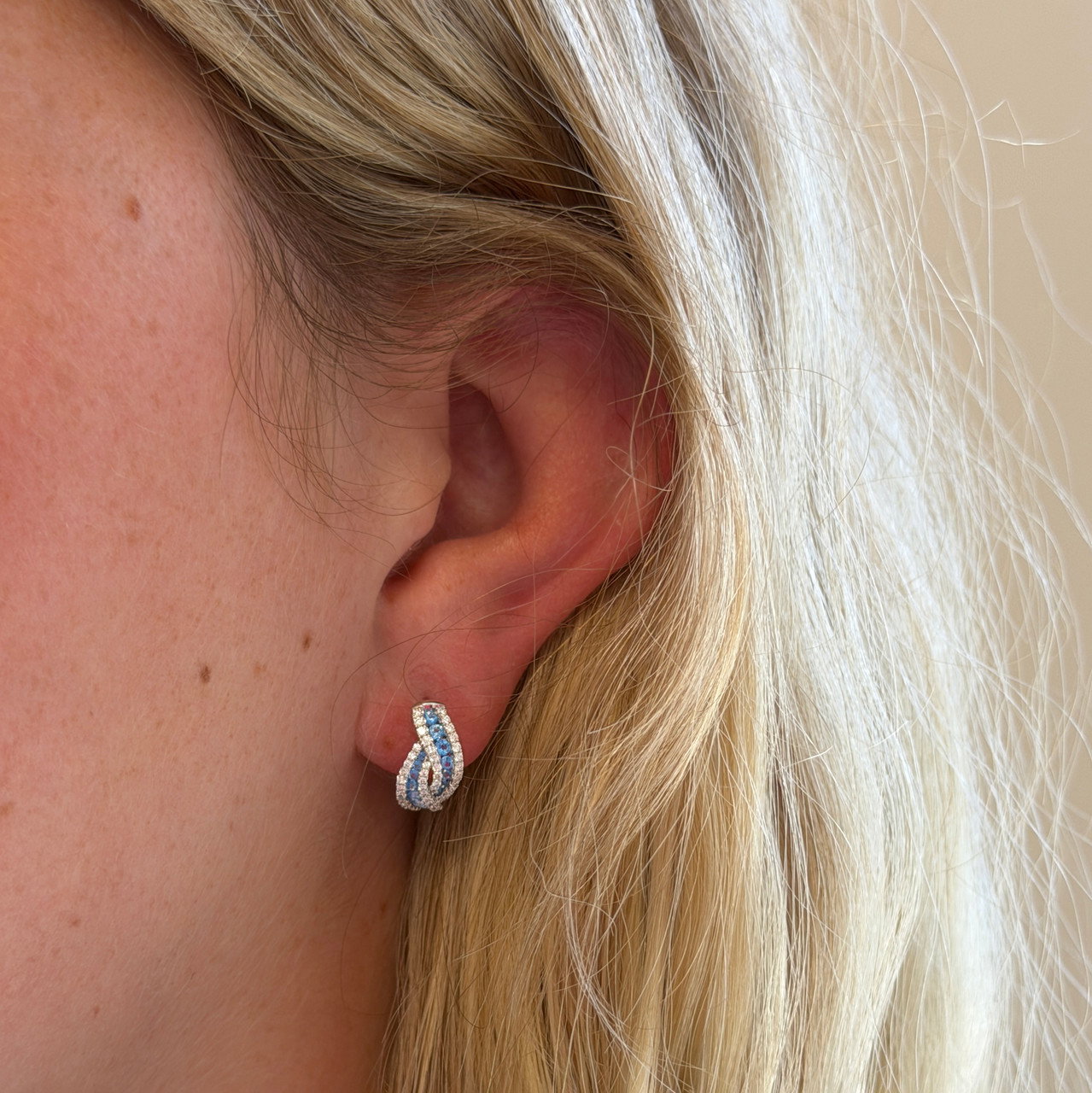 Blue Topaz Woven Diamond Huggie Earrings 1