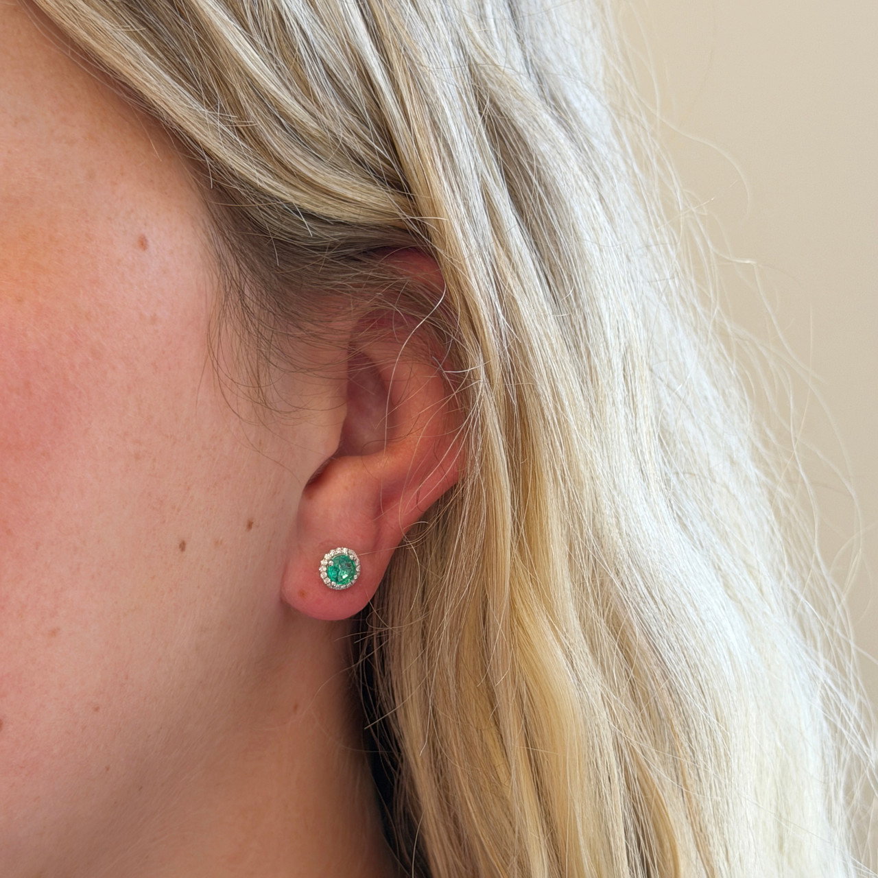 Green Emerald (0.80tw) & Diamond (0.15tw) Halo Stud Earrings 1