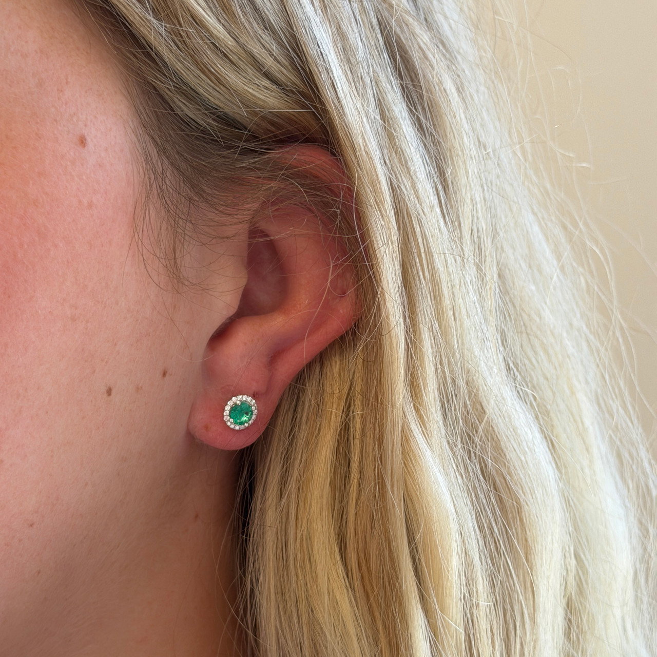 Green Emerald (0.70tw) & Diamond (0.13tw) Halo Stud Earrings